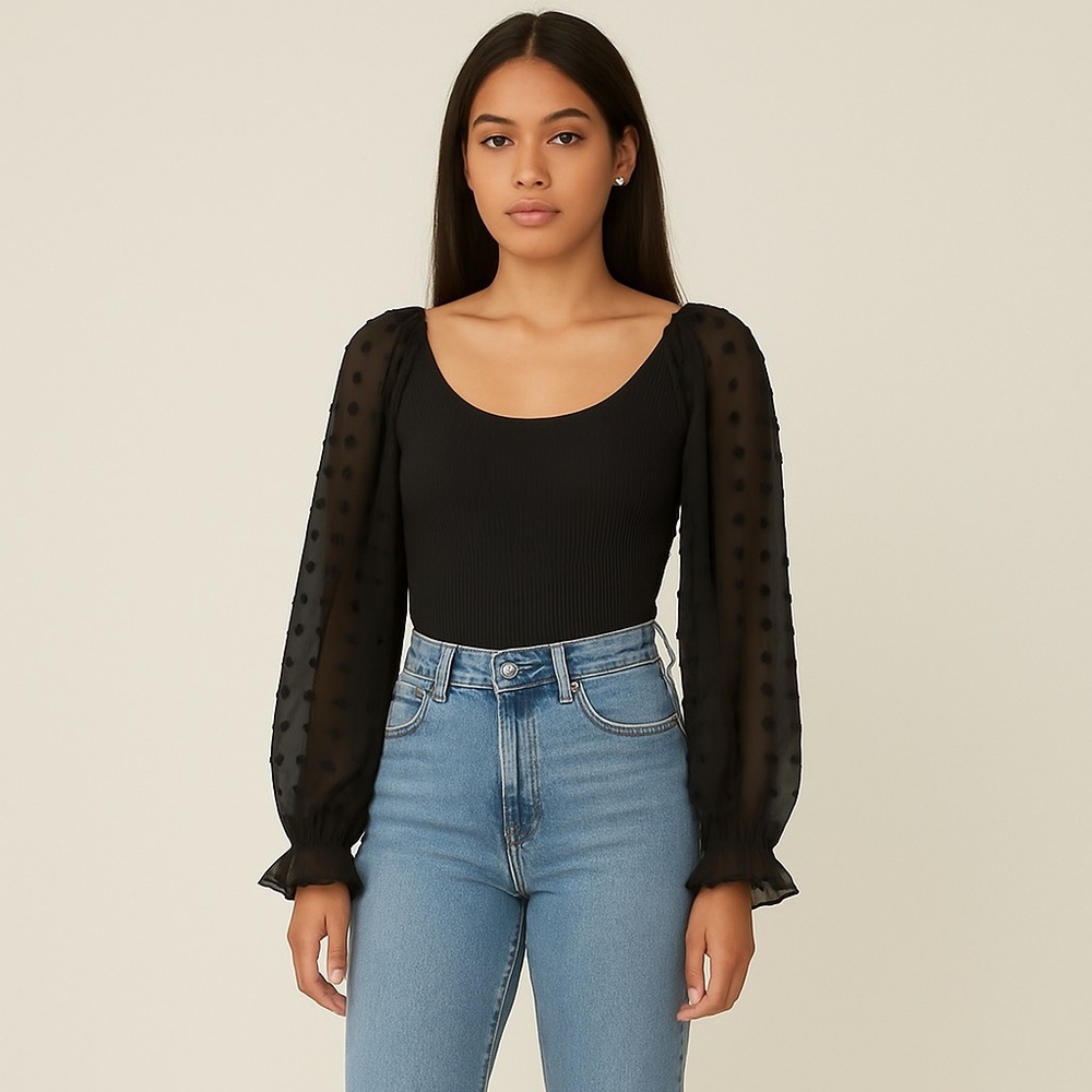 Ee:some Statement Balloon Sleeve Black Bodysuit Womens Medium Sheer Embroidered